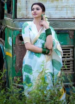 White green leaf print linen cotton saree 5
