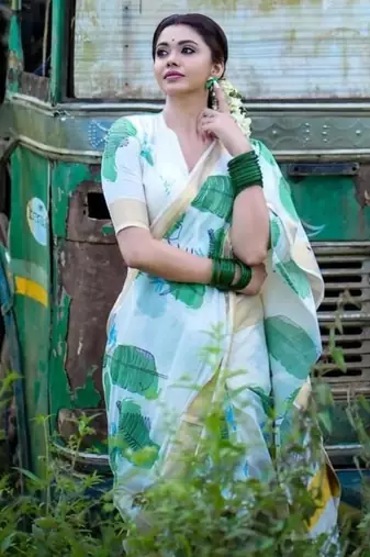 White green leaf print linen cotton saree