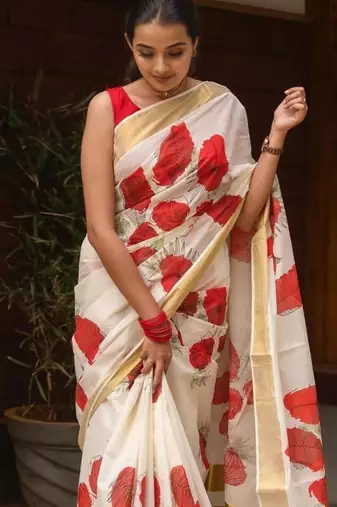 White red linen cotton floral print saree