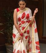 White red linen cotton floral print saree