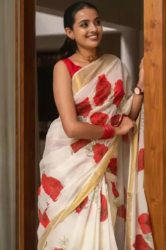 White red linen cotton floral print saree