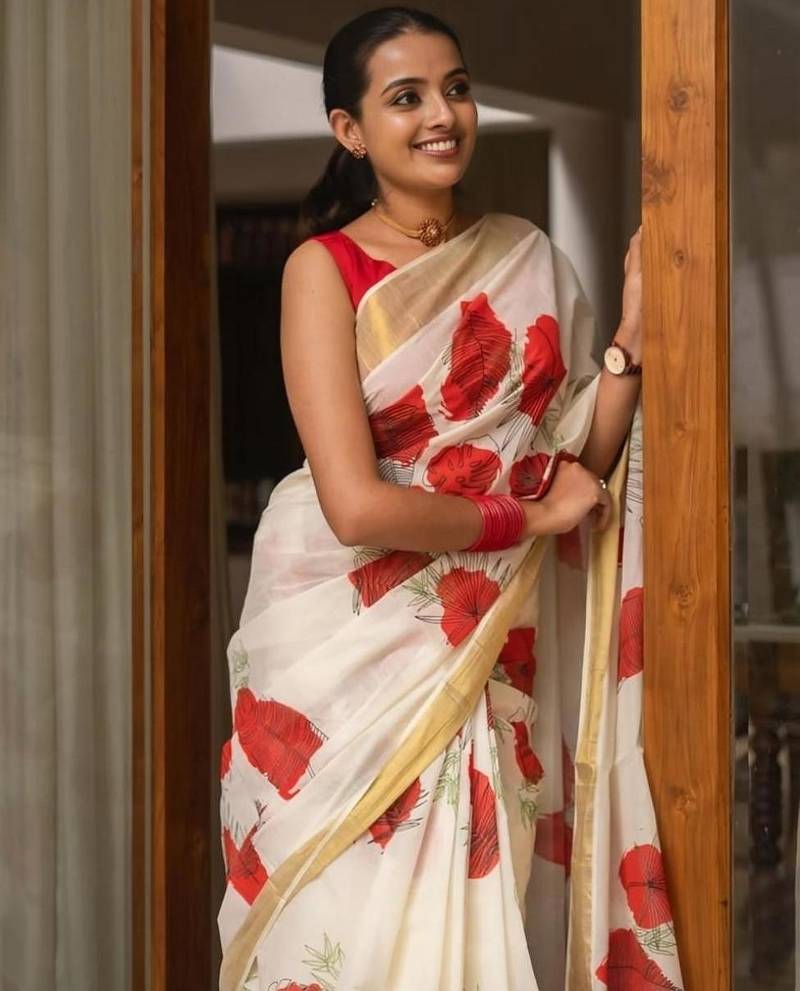 White red linen cotton floral print saree