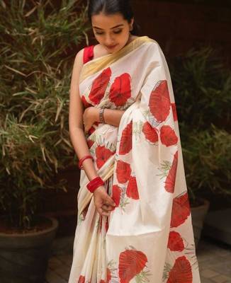 White red linen cotton floral print saree 3