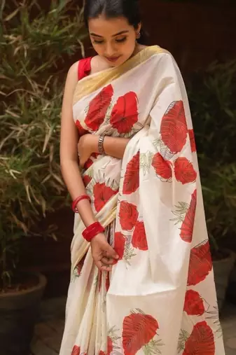 White red linen cotton floral print saree