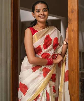 White red linen cotton floral print saree 4