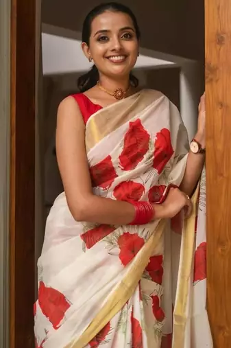 White red linen cotton floral print saree