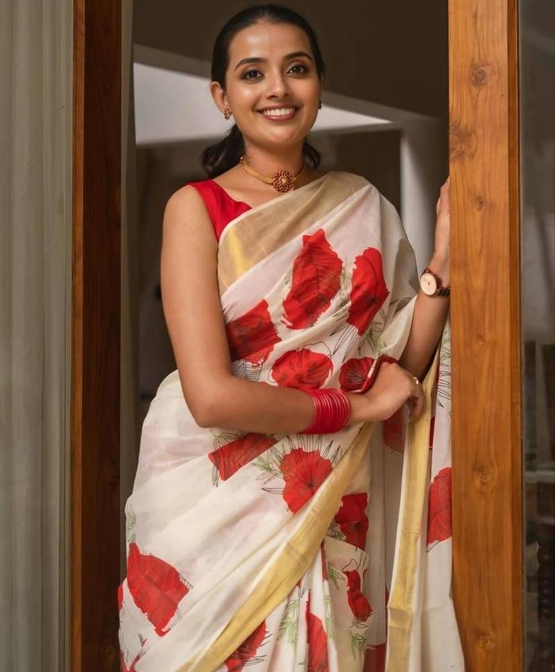White red linen cotton floral print saree