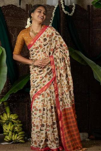Light chiku pink linen cotton digital printed saree