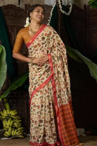 Light chiku pink linen cotton digital printed saree