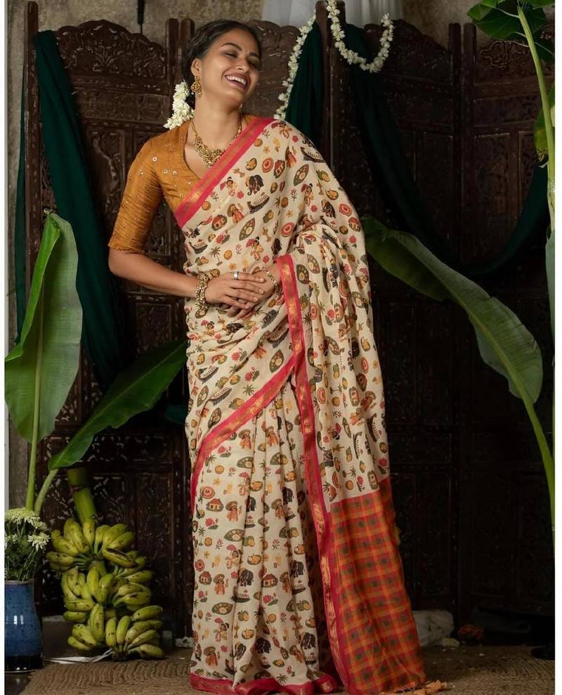 Light chiku pink linen cotton digital printed saree