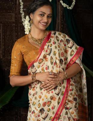 Light chiku pink linen cotton digital printed saree 2