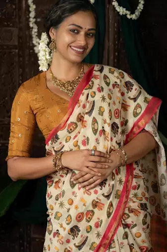 Light chiku pink linen cotton digital printed saree