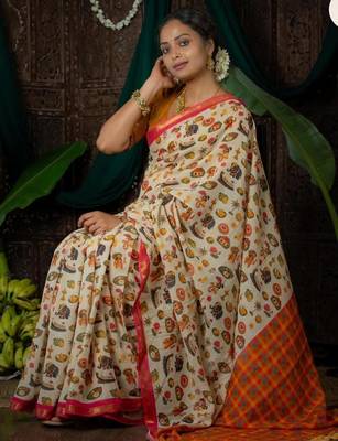 Light chiku pink linen cotton digital printed saree 3