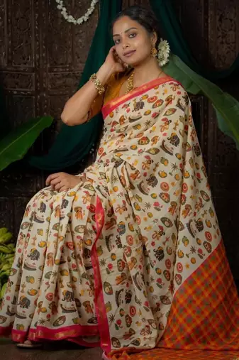 Light chiku pink linen cotton digital printed saree