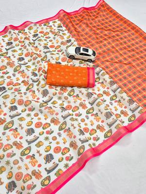 Light chiku pink linen cotton digital printed saree 4