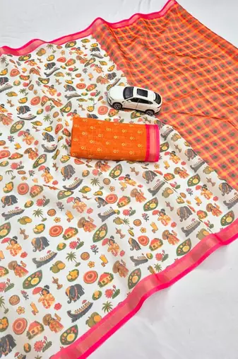 Light chiku pink linen cotton digital printed saree