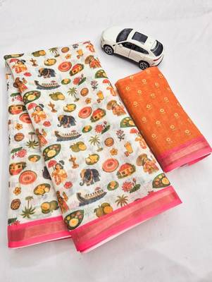 Light chiku pink linen cotton digital printed saree 5