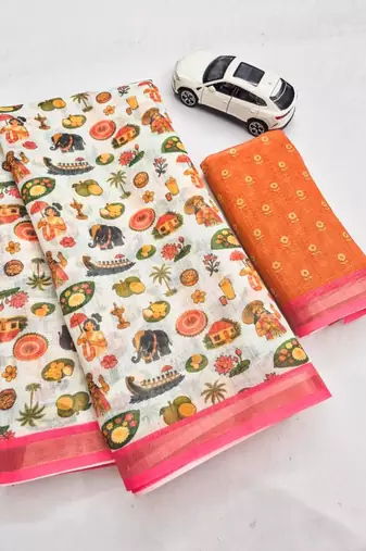 Light chiku pink linen cotton digital printed saree