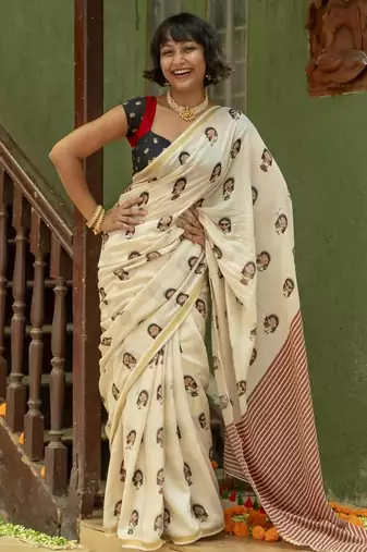 Light chiku black linen cotton digital printed saree
