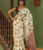 Light chiku black linen cotton digital printed saree