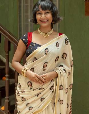 Light chiku black linen cotton digital printed saree 2
