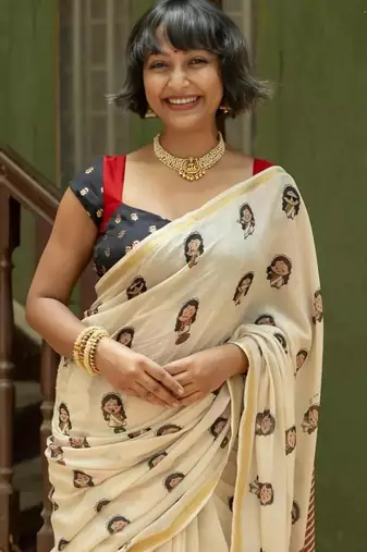 Light chiku black linen cotton digital printed saree