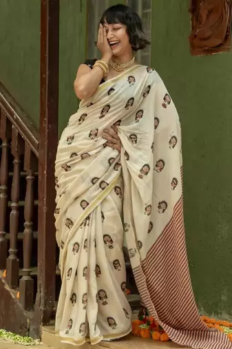 Light chiku black linen cotton digital printed saree