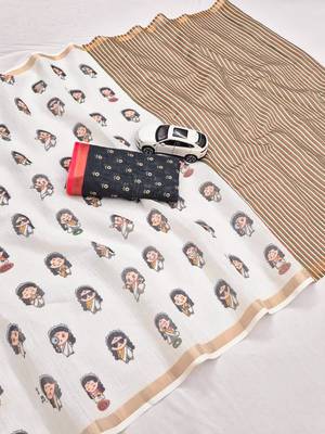 Light chiku black linen cotton digital printed saree 4