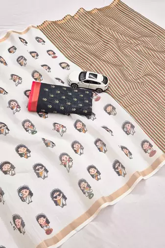 Light chiku black linen cotton digital printed saree