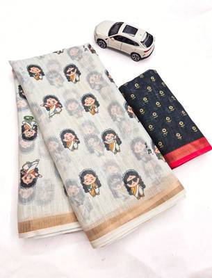 Light chiku black linen cotton digital printed saree 5