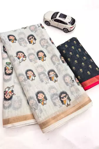 Light chiku black linen cotton digital printed saree