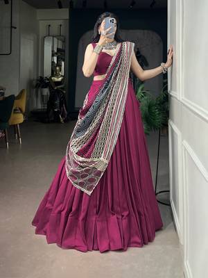 Women's Rayon free size Lehenga Choli with Printed Cotton Dupatta & Mirror Work Lace 1
