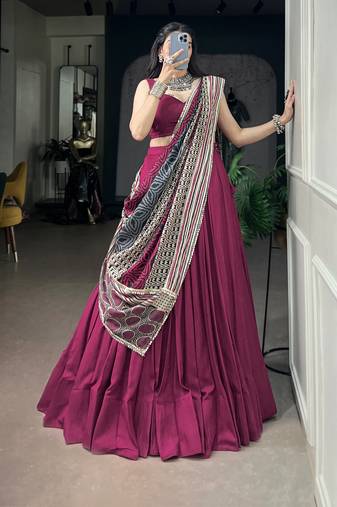 women's rayon lehenga choli with printed cotton dupatta & mirror work lace - free size