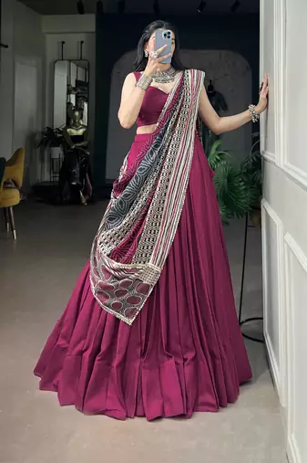 Women's Rayon free size Lehenga Choli with Printed Cotton Dupatta & Mirror Work Lace