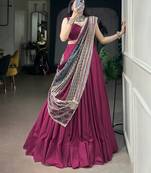 Women's Rayon free size Lehenga Choli with Printed Cotton Dupatta & Mirror Work Lace