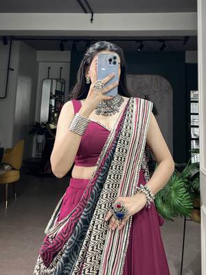 Women's Rayon free size Lehenga Choli with Printed Cotton Dupatta & Mirror Work Lace 2