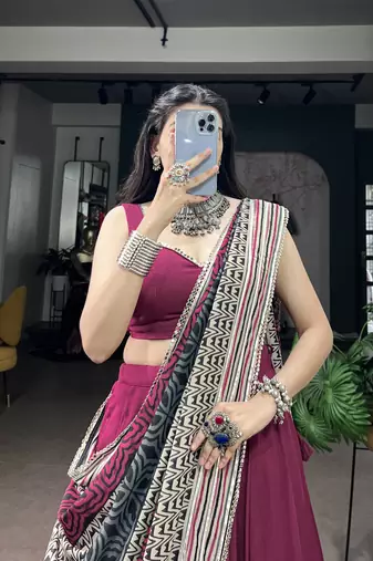 Women's Rayon free size Lehenga Choli with Printed Cotton Dupatta & Mirror Work Lace