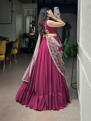 Women's Rayon free size Lehenga Choli with Printed Cotton Dupatta & Mirror Work Lace 3