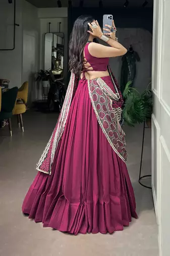 Women's Rayon free size Lehenga Choli with Printed Cotton Dupatta & Mirror Work Lace