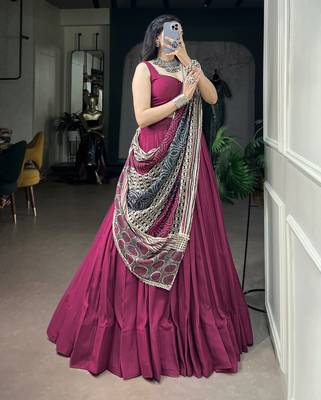 Women's Rayon free size Lehenga Choli with Printed Cotton Dupatta & Mirror Work Lace 4