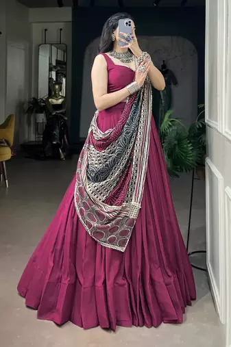 Women's Rayon free size Lehenga Choli with Printed Cotton Dupatta & Mirror Work Lace