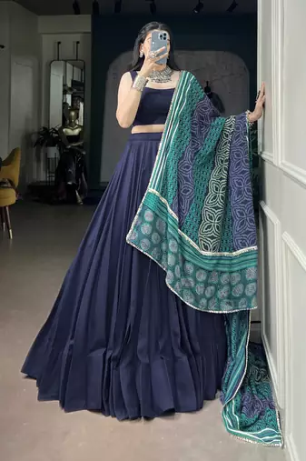 Women's Rayon free size Lehenga Choli with Printed Cotton Dupatta & Mirror Work Lace