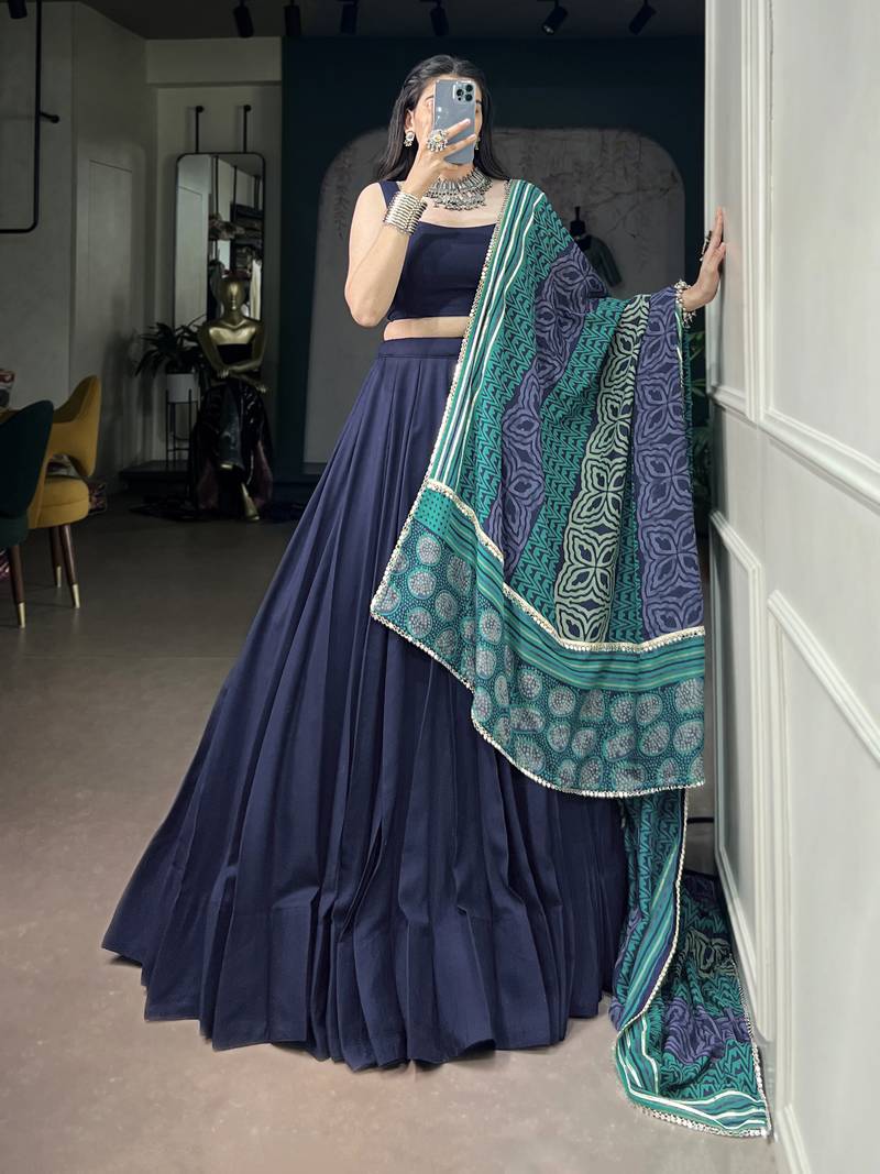 Women's Rayon free size Lehenga Choli with Printed Cotton Dupatta & Mirror Work Lace