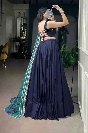 Women's Rayon free size Lehenga Choli with Printed Cotton Dupatta & Mirror Work Lace