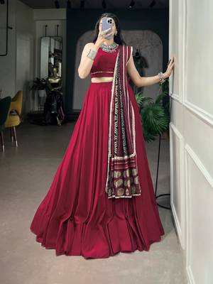 Women's Festive Rayon free size  Lehenga Choli with Printed Cotton Dupatta & Mirror Work Lace 1