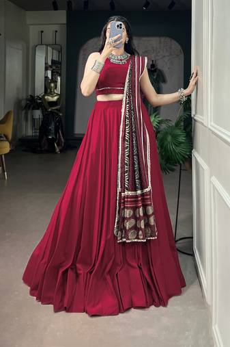 Women's Festive Rayon free size  Lehenga Choli with Printed Cotton Dupatta & Mirror Work Lace