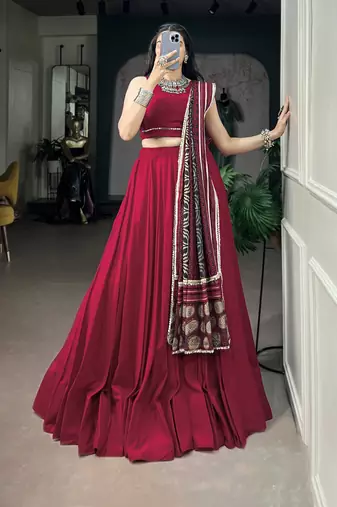 Women's Festive Rayon free size  Lehenga Choli with Printed Cotton Dupatta & Mirror Work Lace