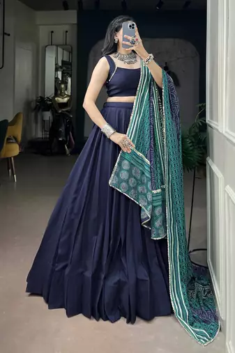 Women's Rayon free size Lehenga Choli with Printed Cotton Dupatta & Mirror Work Lace
