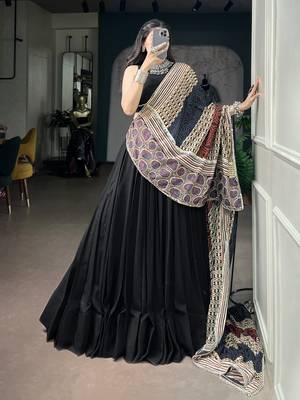 Women's Rayon free size Lehenga Choli with Printed Cotton Dupatta & Mirror Work Lace 1