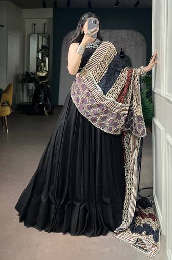 Women's Rayon free size Lehenga Choli with Printed Cotton Dupatta & Mirror Work Lace